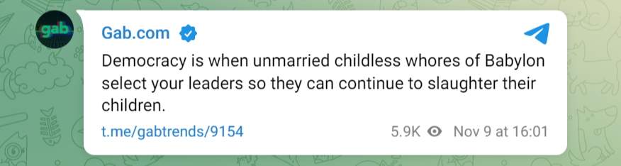 Democracy is when unmarried childless whores of Babylon select your leaders so they can continue to slaughter their children.