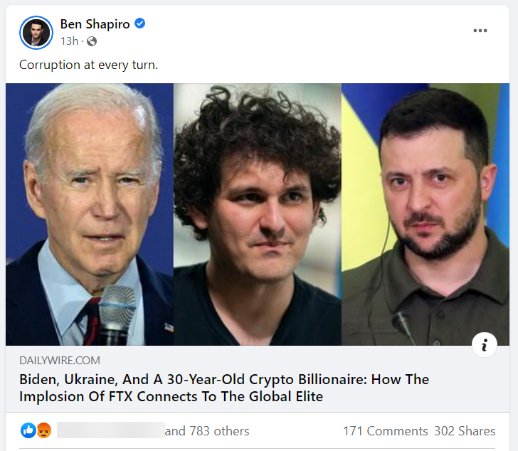Ben Shapiro FTX conspiracy theory Facebook post