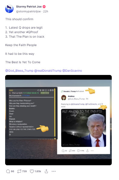 Screenshot of QAnon influencer reacting to trumps post