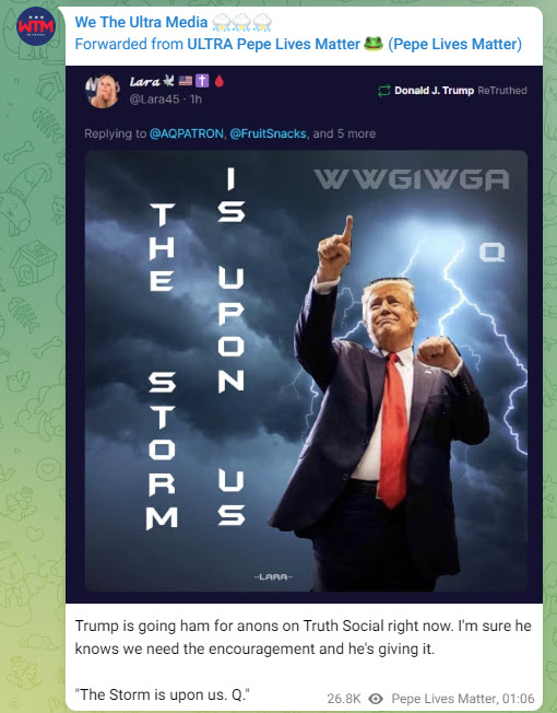 QAnon influencer reacting to Trump sharing posts on Truth Social 