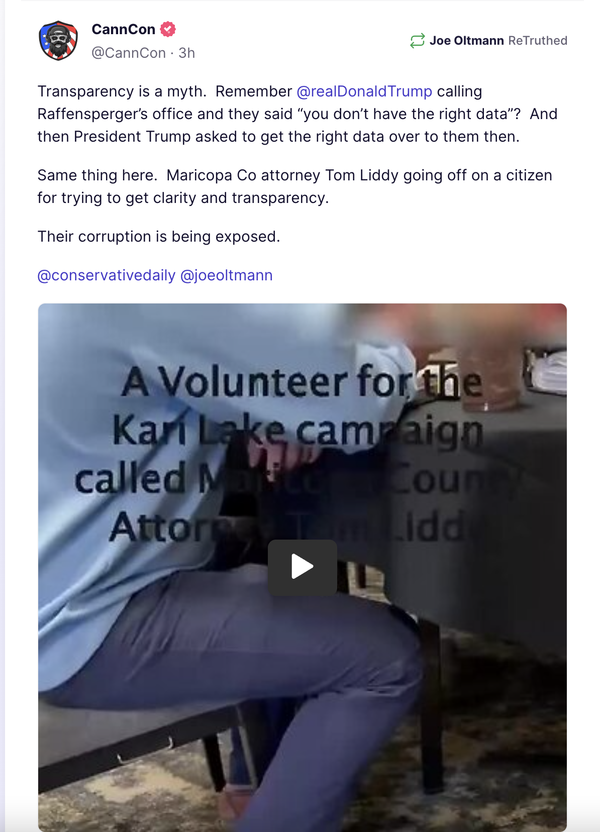 Transparency is a myth.  Remember @realDonaldTrump calling Raffensperger’s office and they said “you don’t have the right data”?  And then President Trump asked to get the right data over to them then.   Same thing here.  Maricopa Co attorney Tom Liddy going off on a citizen for trying to get clarity and transparency.   Their corruption is being exposed