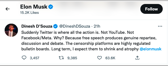 Elon Musk liked a tweet from Dinesh D'Souza