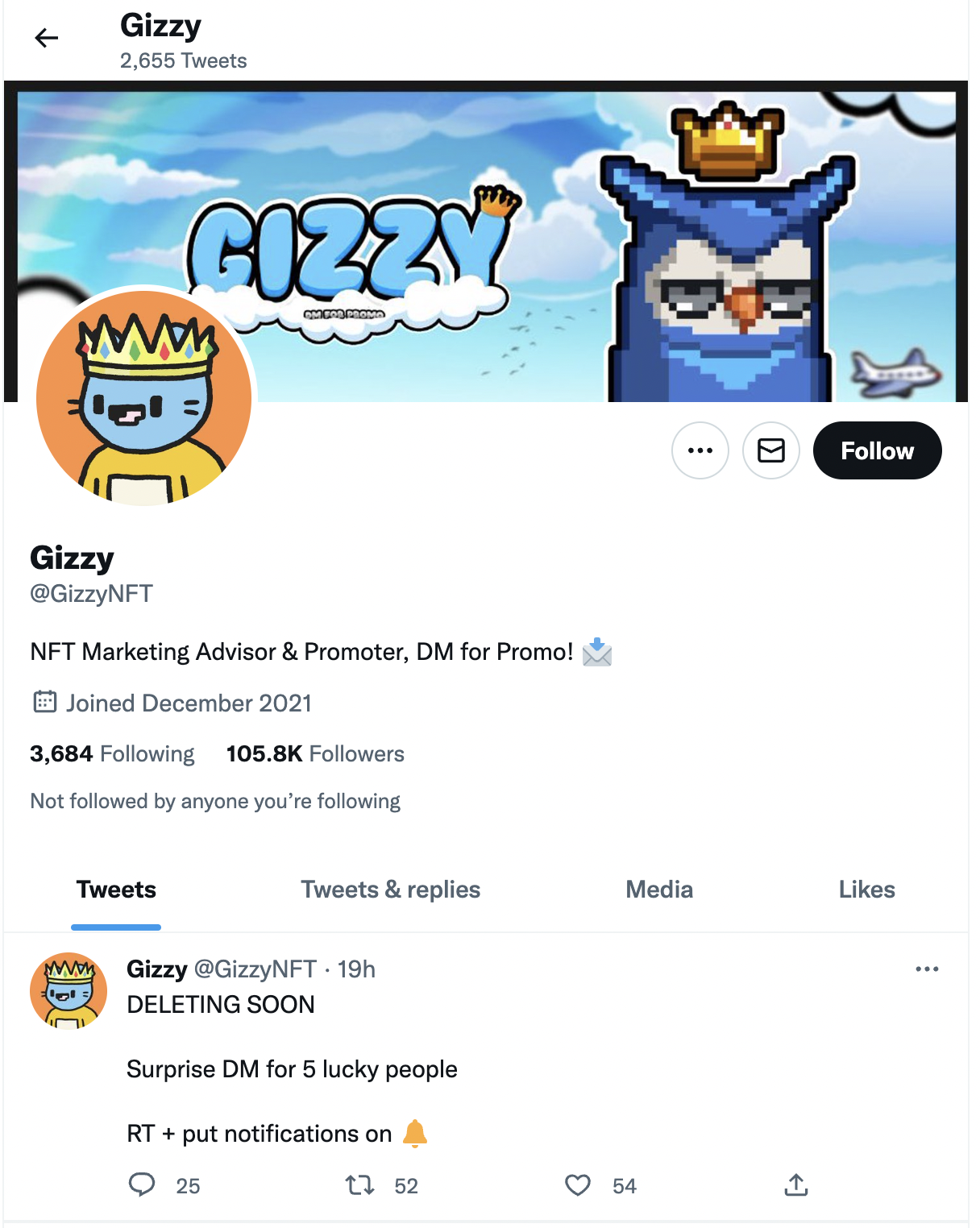 Photo of Twitter account promoting NFTs/spam