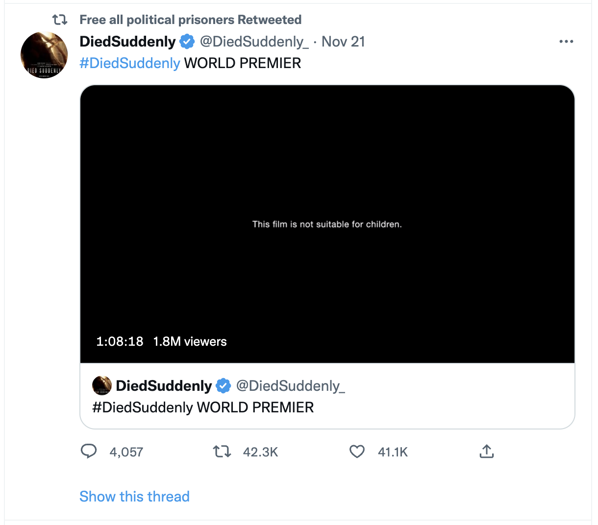 Twitter account retweeting Died Suddenly documentary