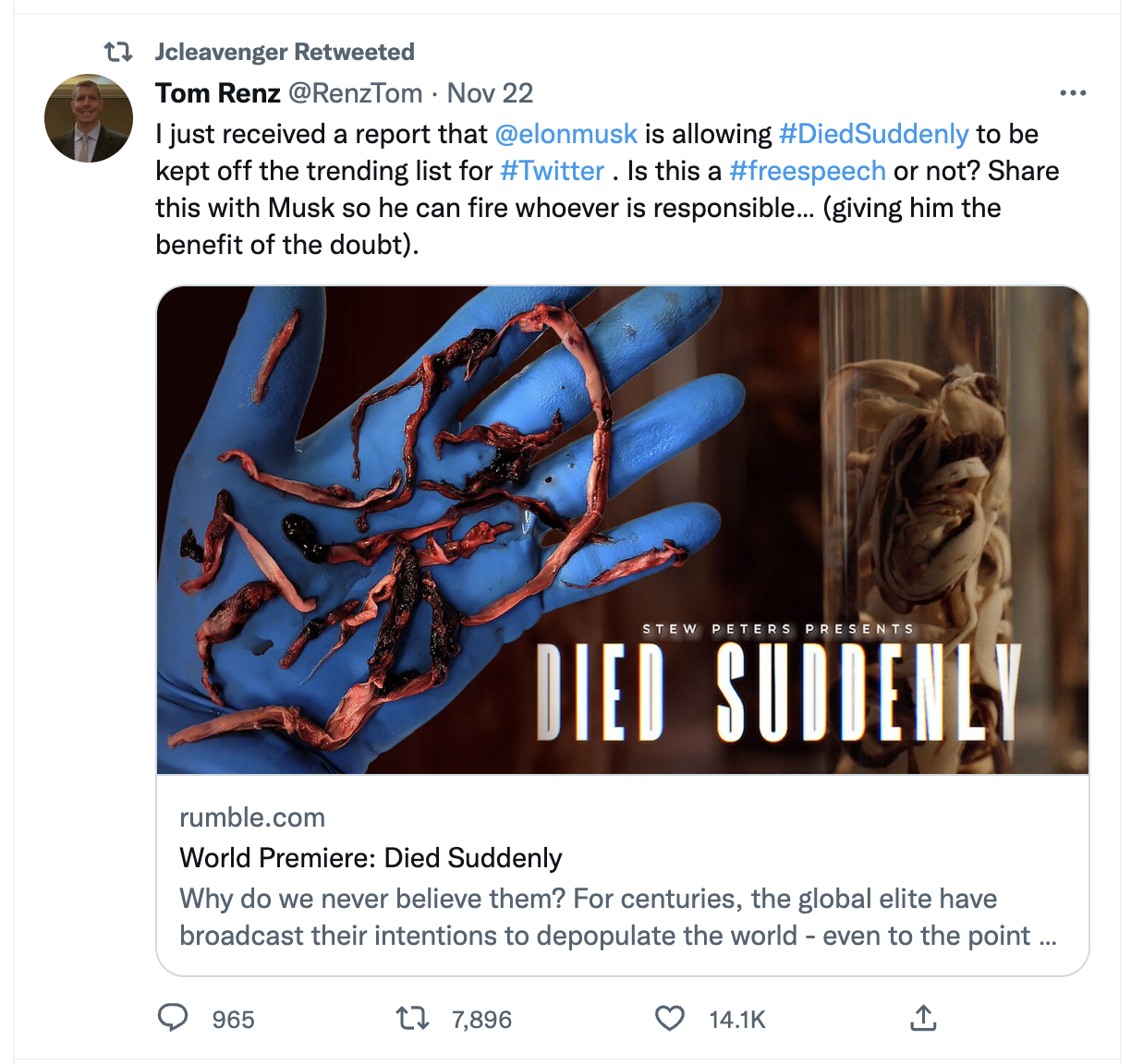 Twitter account sharing world premiere link of Died Suddenly documentary