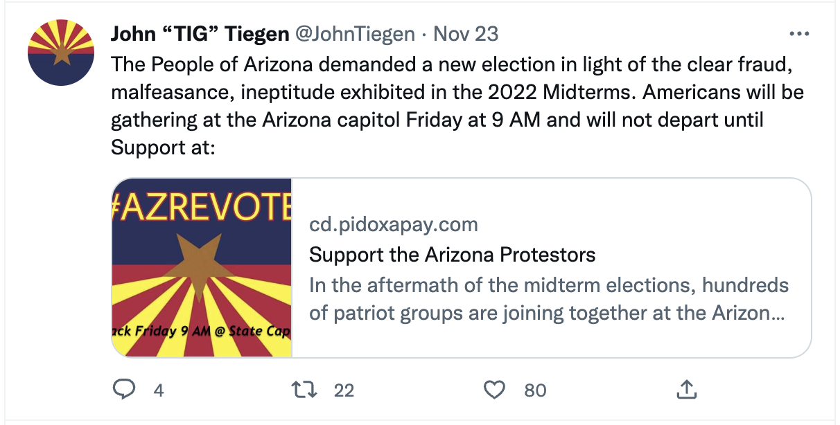 Twitter account saying AZ election was rigged and organizing a protest