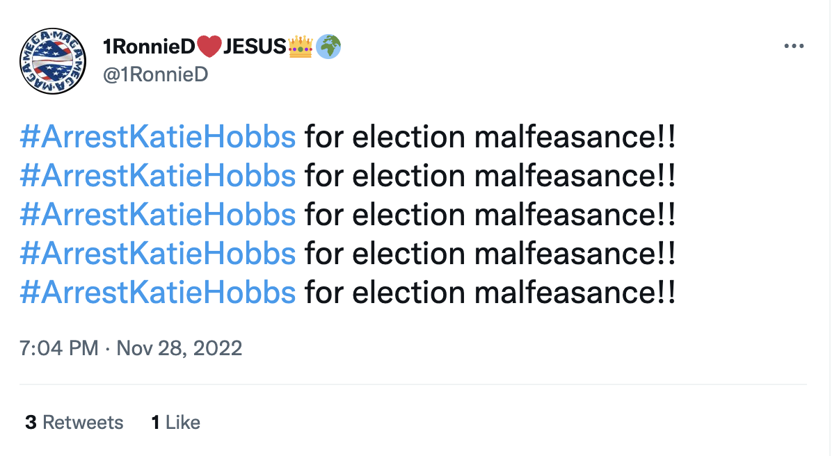 Twitter account calling for Katie Hobbs to be arrested
