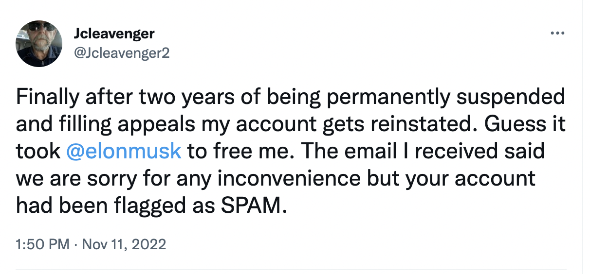 Twitter user saying he was banned for spam