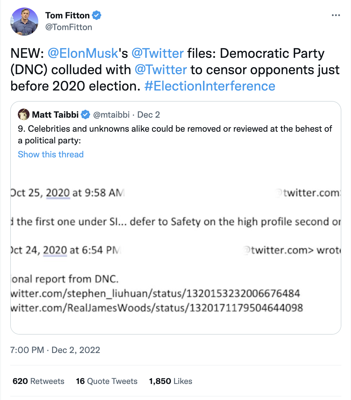 Fitton tweet: Democratic Party (DNC) colluded with @Twitter to censor opponents just before 2020 election. #ElectionInterference.