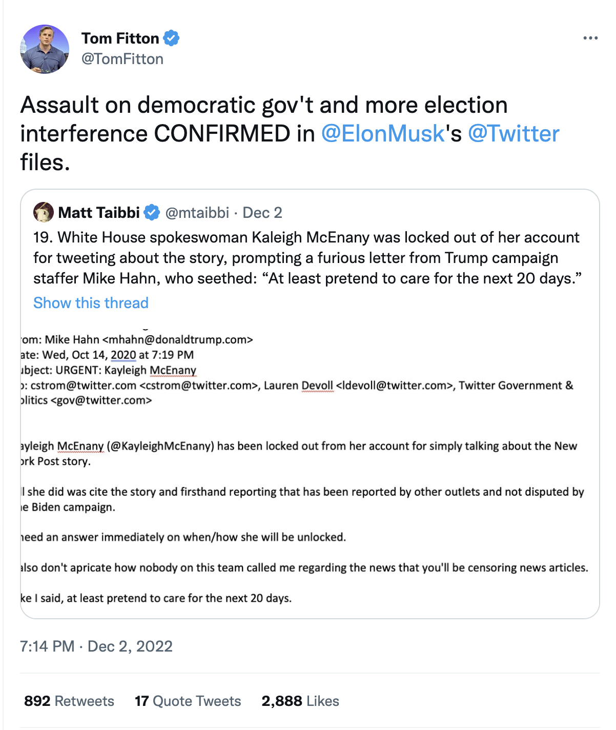 Tom Fitton tweet: Assault on democratic gov't and more election interference CONFIRMED in @ElonMusk's @Twitter files