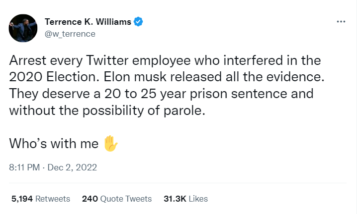 Terrence Williams Twitter Files Demanding Jail Time