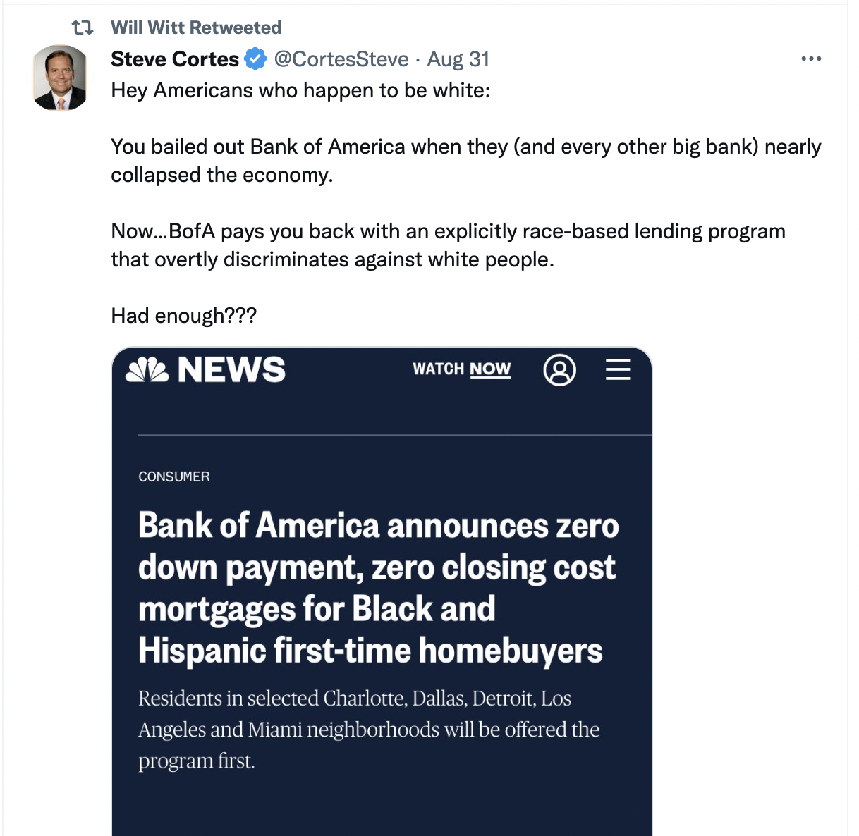 Will Witt retweet of post criticizing home ownership program for Black and Hispanic families