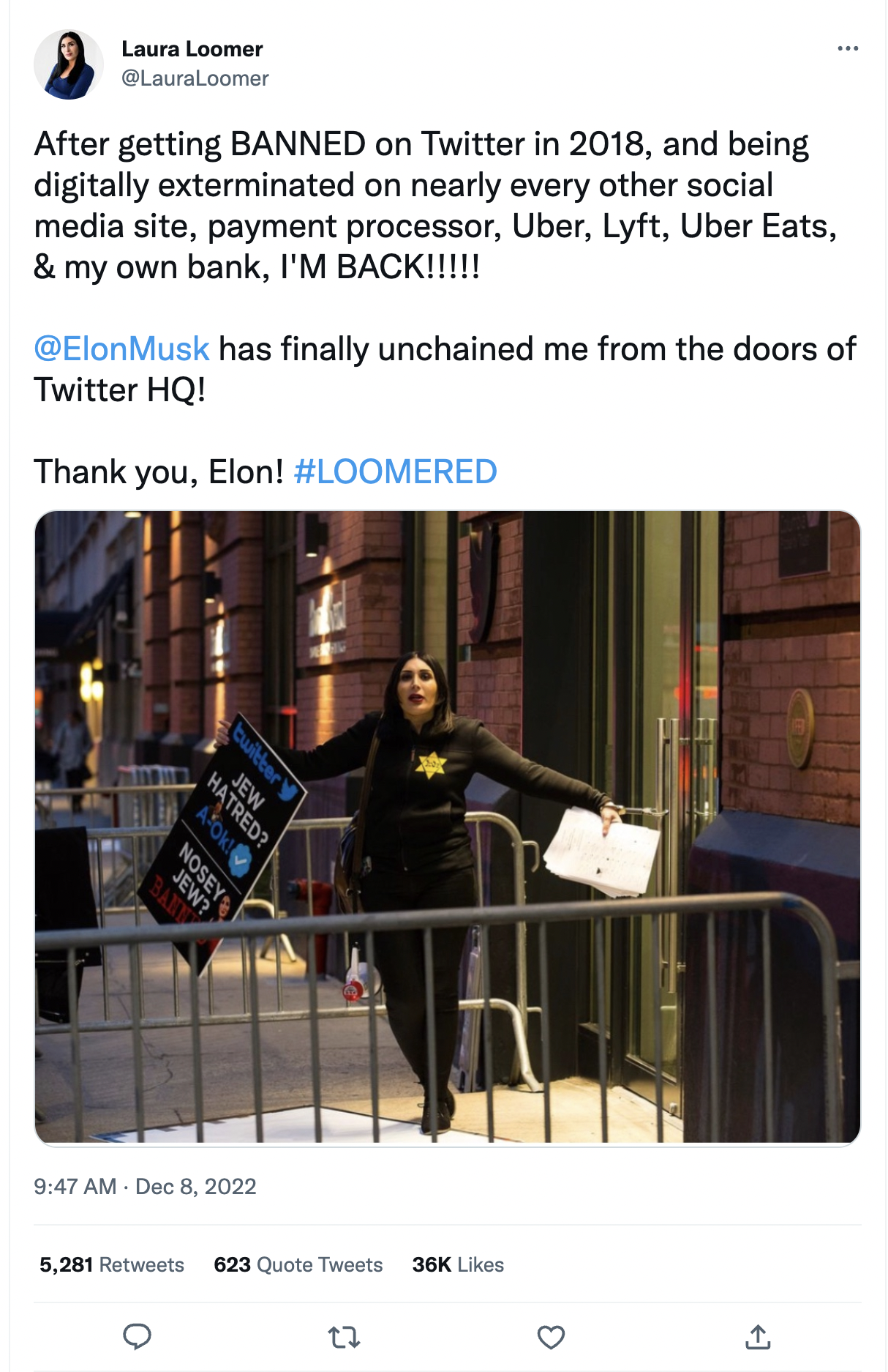 Laura Loomer Tweet thanking Elon Musk for unchain[ing] me from the doors of Twitter HQ