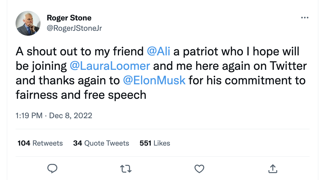 Stone thanking Musk for his “commitment to fairness and free speech.
