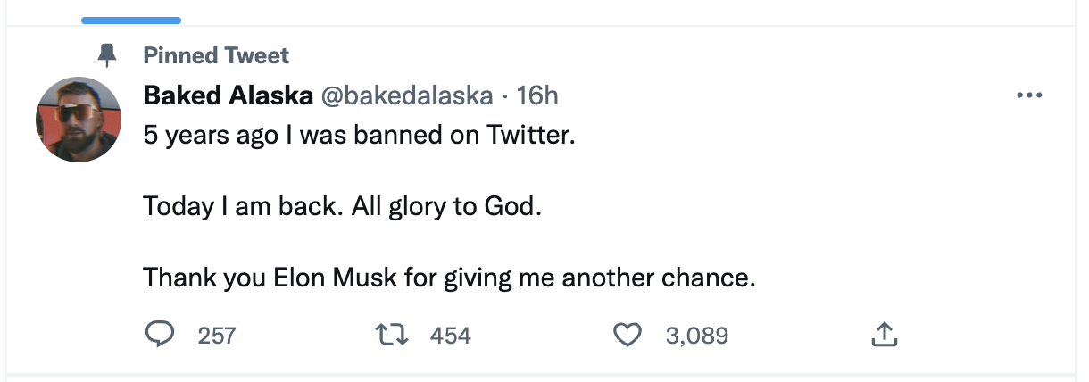 Baked Alaska thanking Musk in a tweet for being let back on the platform