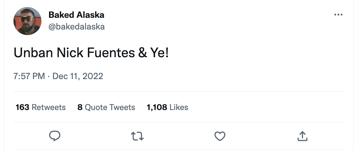 Baked Alaska tweet calling for Twitter to unban Nick Fuentes and Ye