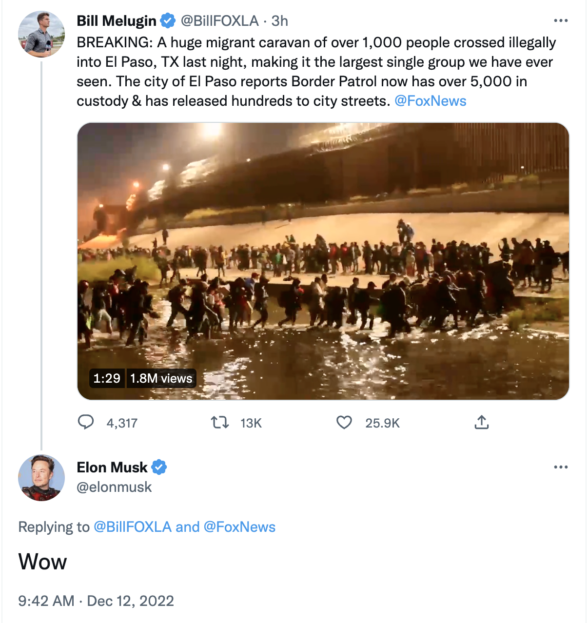 BREAKING: A huge migrant caravan of over 1,000 people crossed illegally into El Paso, TX last night, making it the largest single group we have ever seen. The city of El Paso reports Border Patrol now has over 5,000 in custody & has released hundreds to city streets. Elon Musk: Wow