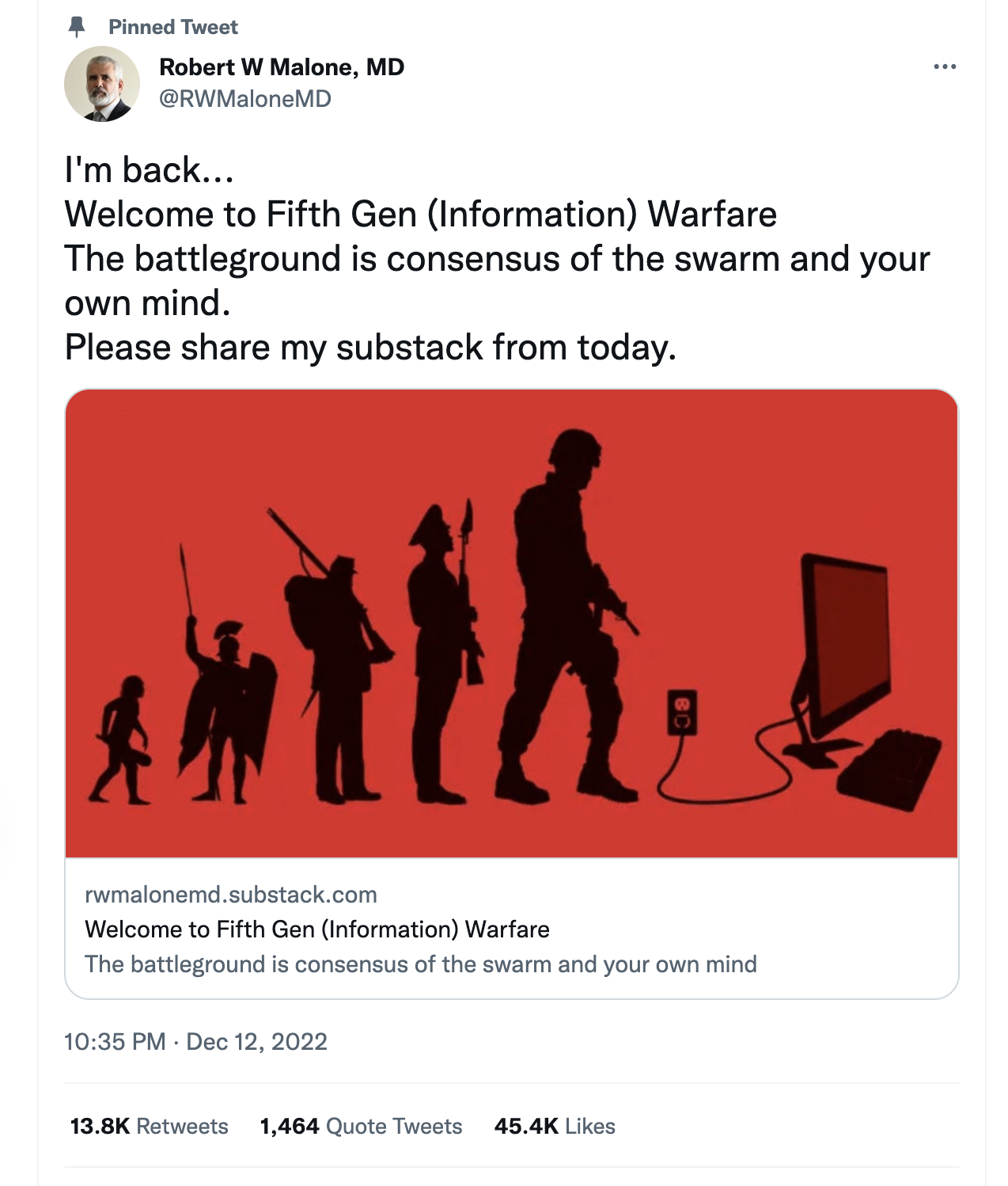 Robert Malone publicizing his substack on Twitter