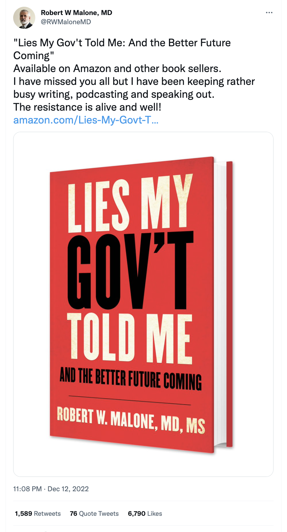 Robert Malone sharing Amazon link to his book