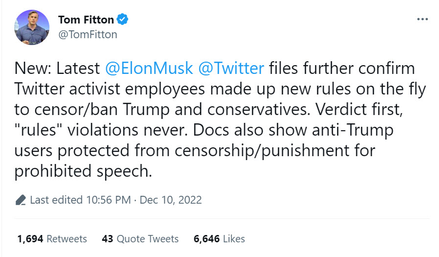 A screenshot of a tweet from Tom Fitton 