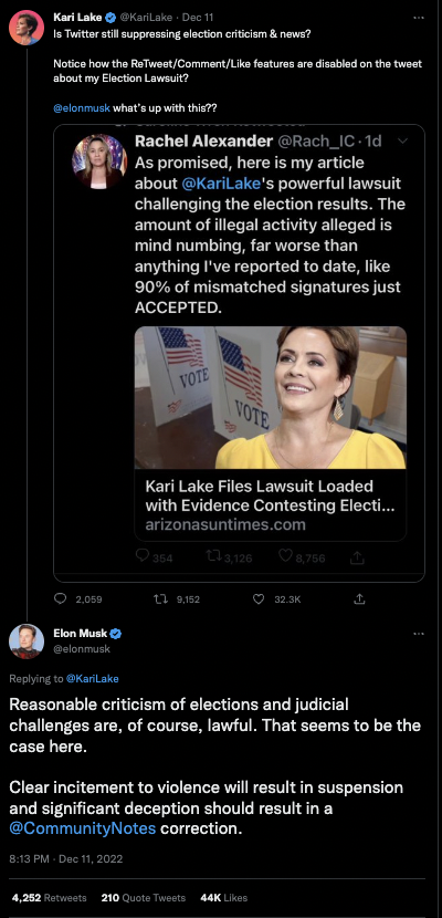 A screenshot of Twitter shows a tweet from Kari Lake asking Elon Musk about Twitter "suppressing election criticism and news," to which Musk responds that "reasonable criticism of elections and judicial challenges are, of course, lawful," and that incitement to violence will lead to suspension and "significant deception" will lead to a Community Notes (formerly Birdwatch) correction.