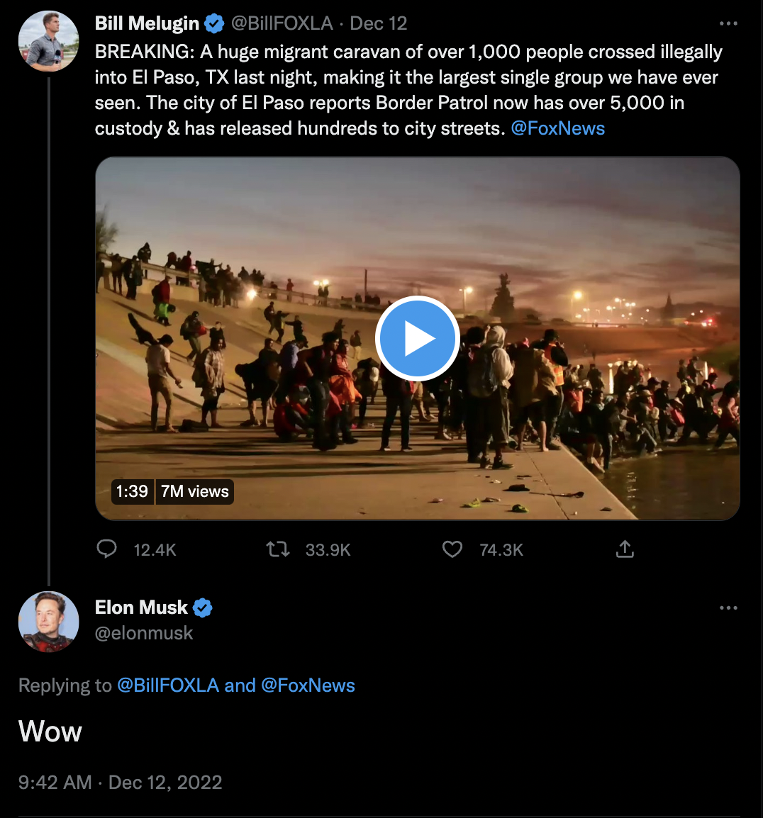 A screenshot of Twitter shows a tweet from Bill Melugin showing a video of migrants at the southern border in El Paso, TX. Below, Elon Musk responds to the tweet by saying, "Wow."