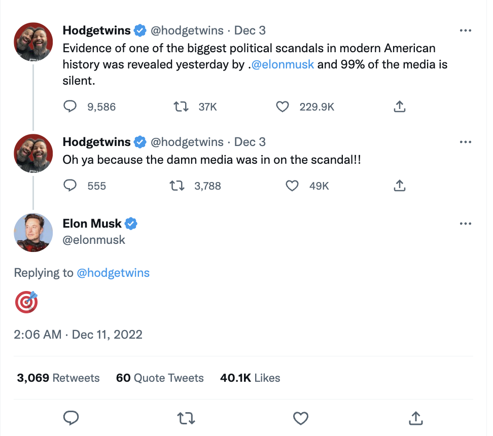 Musk interacting with Hodgetwins on Twitter
