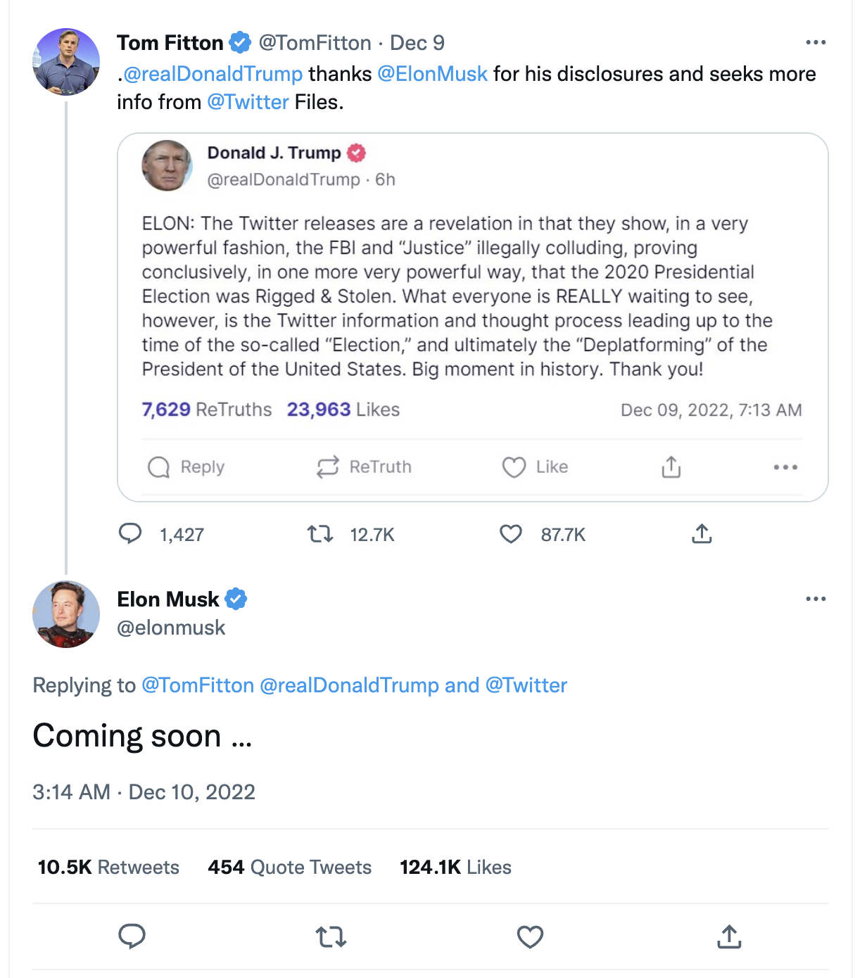 Fitton and Musk interacting about Twitter files