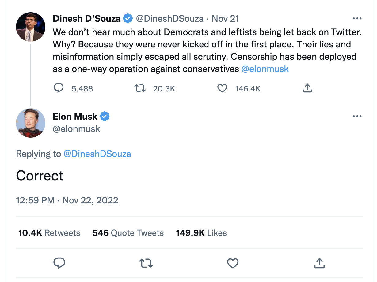 Musk telling D'Souza he is right about Twitter not removing liberal users