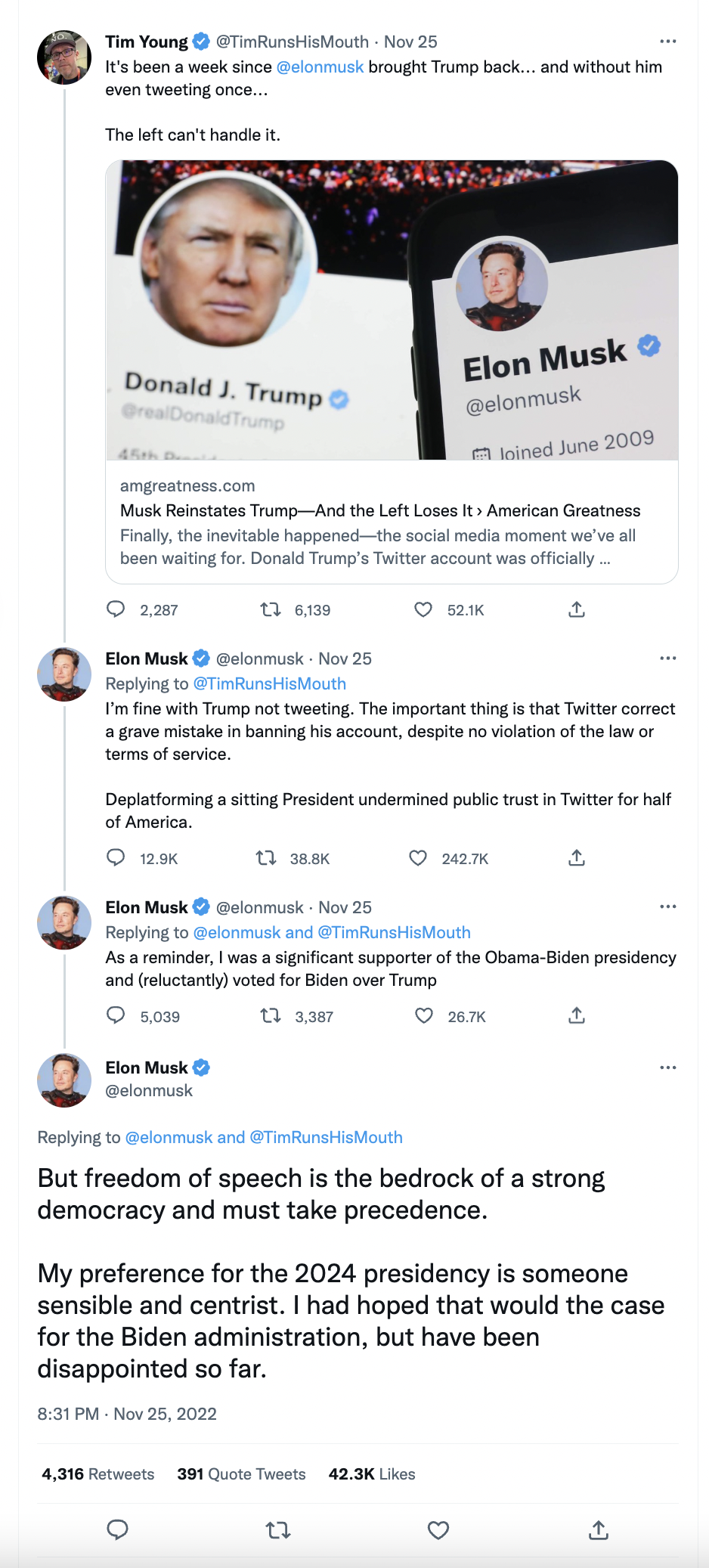 Tim Young and Musk talking about Donald Trump Twitter account