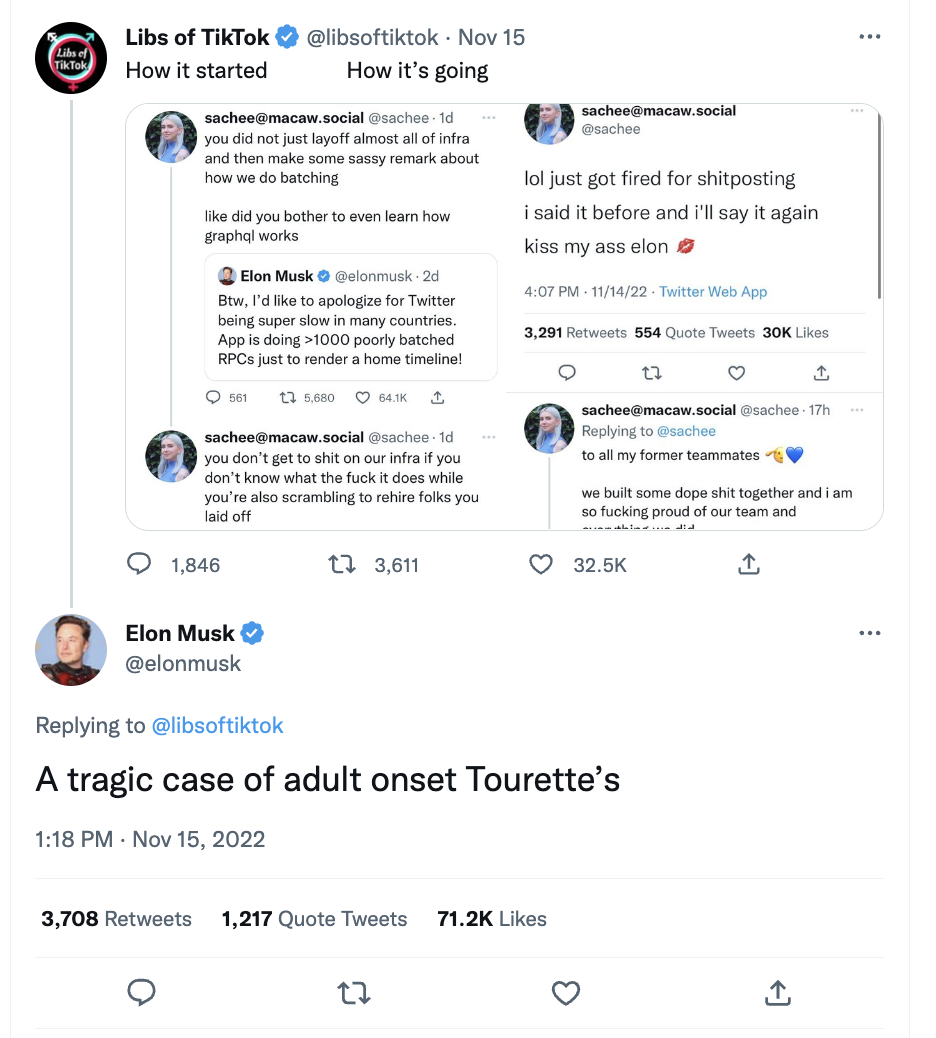 Musk responding to Libs of TikTok attacking Twitter employee