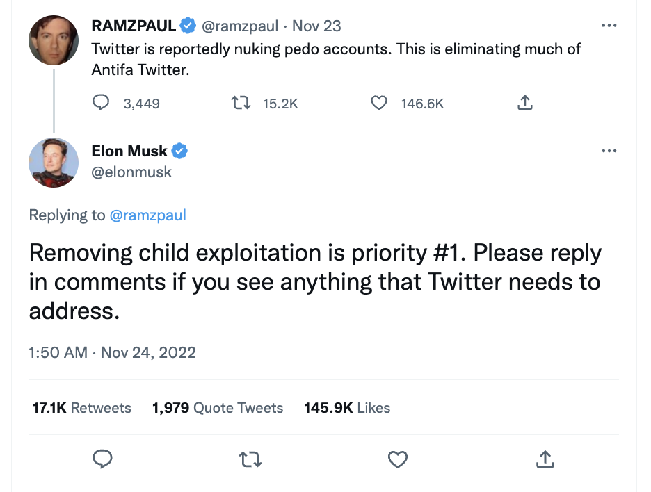 Ramsey and Musk interacting on Twitter about Twitter getting rid of Antifa accounts
