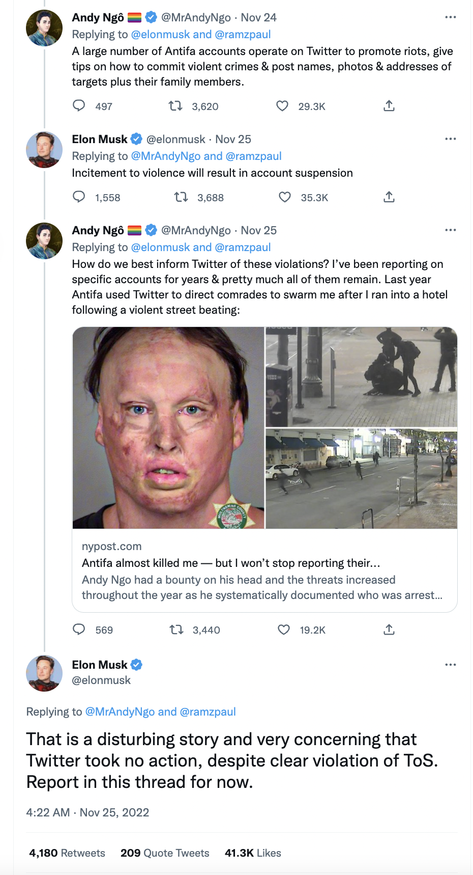 Musk responding to Andy Ngo about antifa