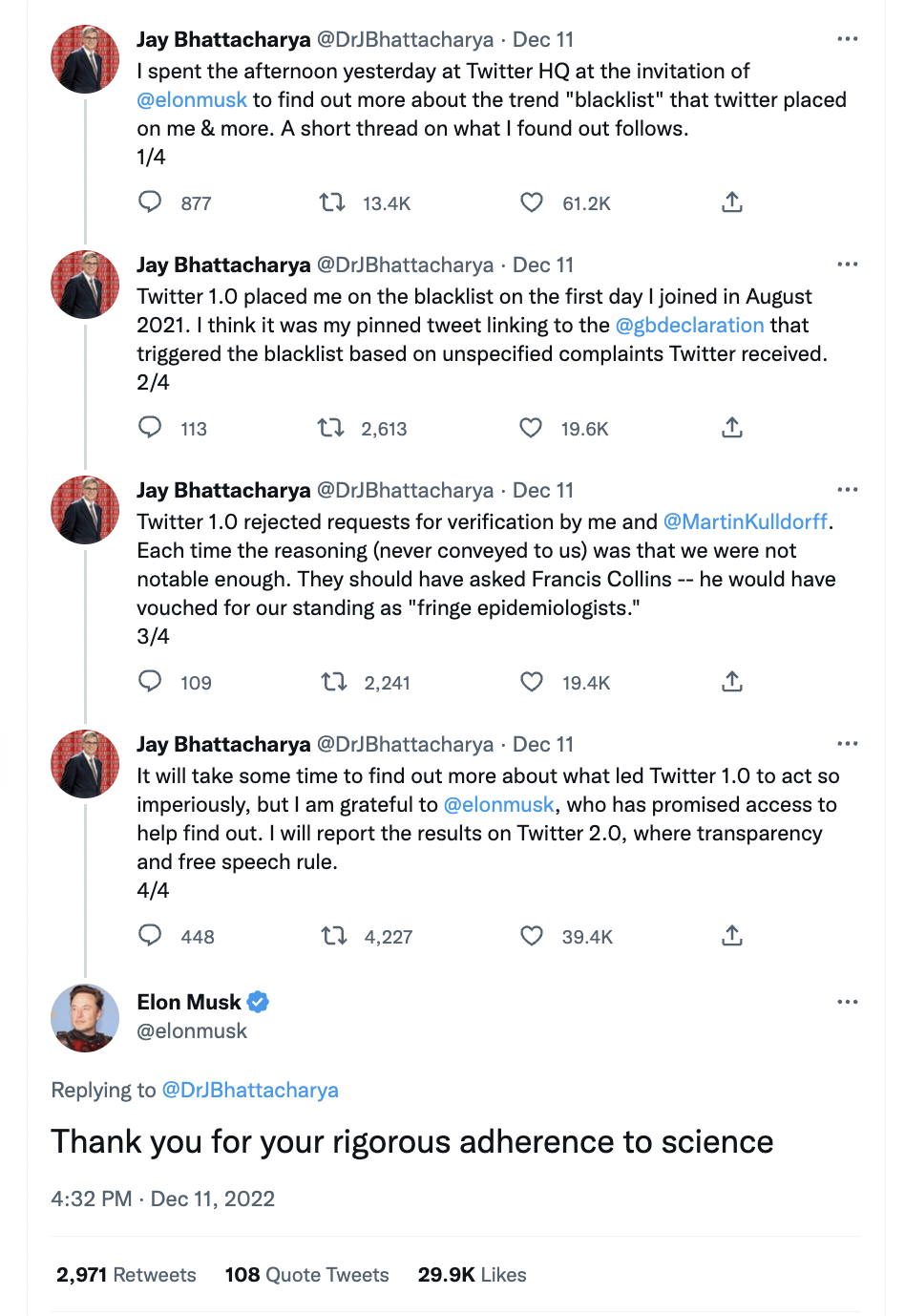 Musk thanks Dr. Bhattacharya for his dedicated to science in response to a Twitter thread