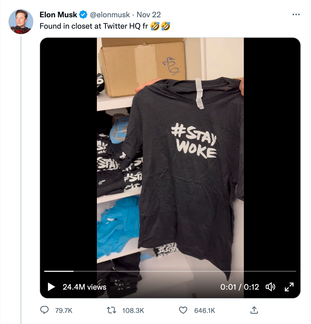 Screenshot of Musk's tweet about the #StillWoke twitter merch