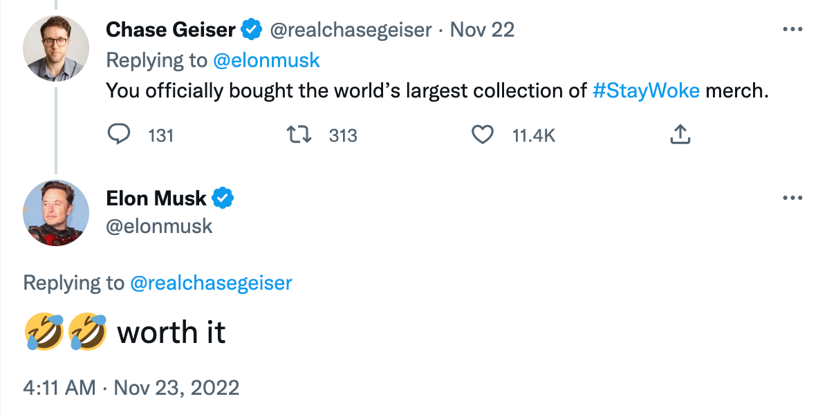 Screenshot of Chase Geiser tweet mocking Twitter's "Stay Woke" merch