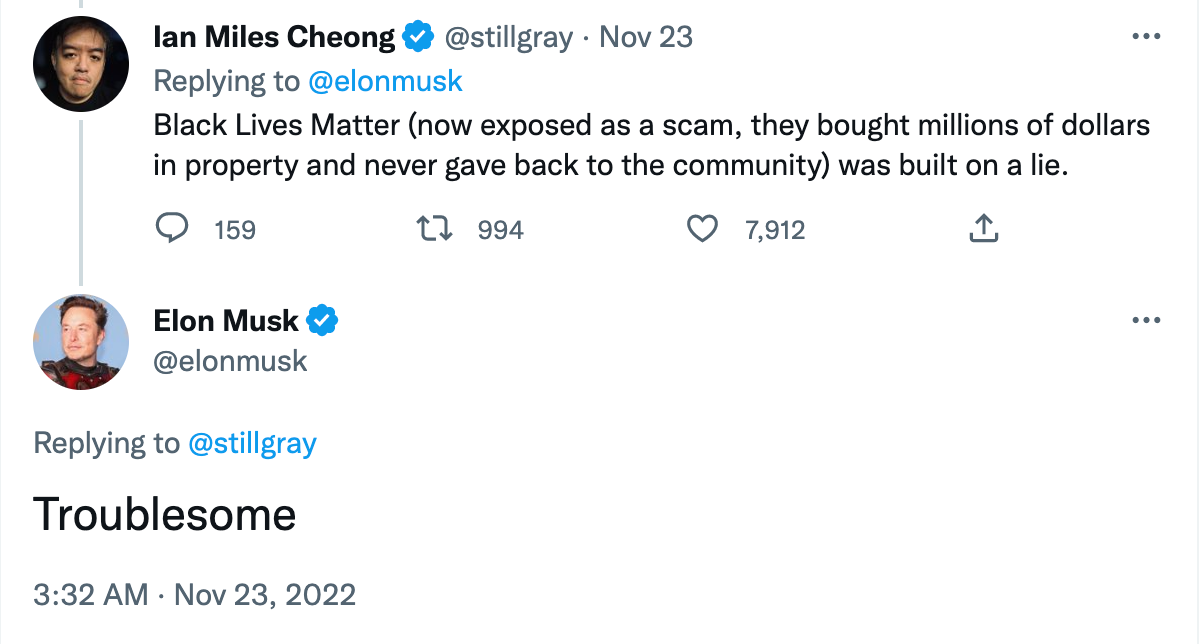 Screenshot of a tweet from Ian Miles Cheong criticizing BLM