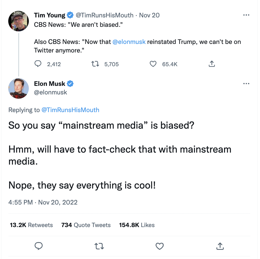 Musk agreeing with Tim Young that CBS and MSM are biased organizations 
