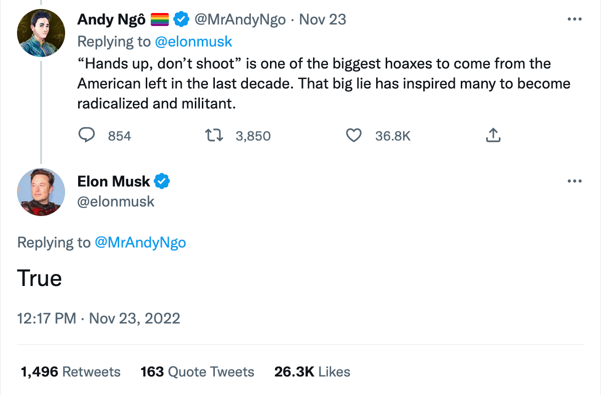 Elon Musk responding to a tweet by Andy Ngo criticizing BLM