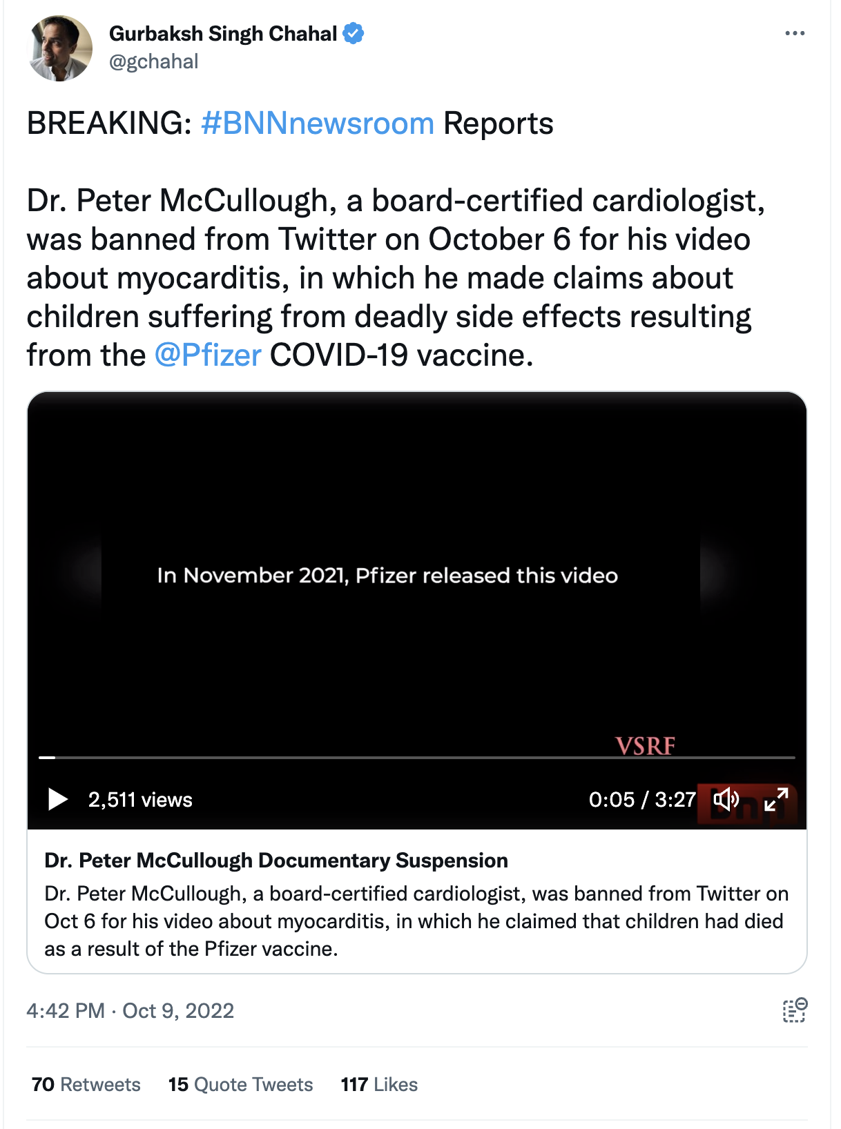 Tweet that reported that Dr. McCullough was banned from Twitter for COVID-19 misinformation