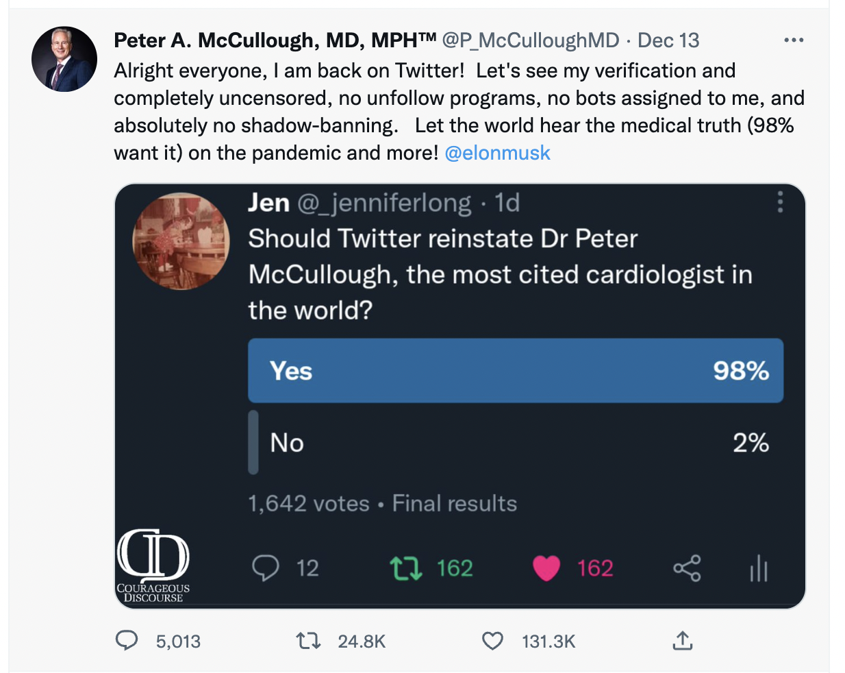Dr. McCullough announcing he is back on Twitter