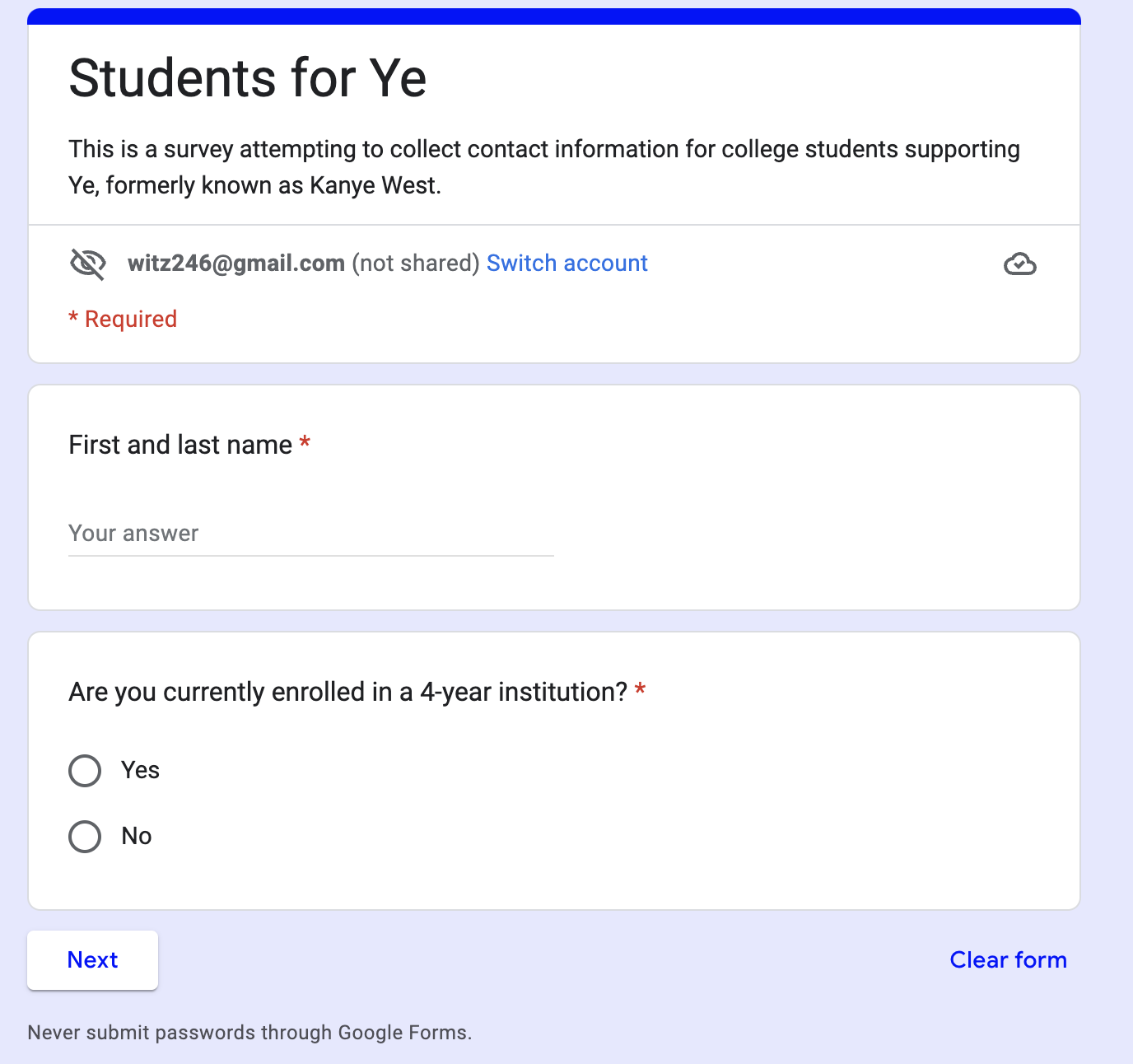Google Doc Students for Ye