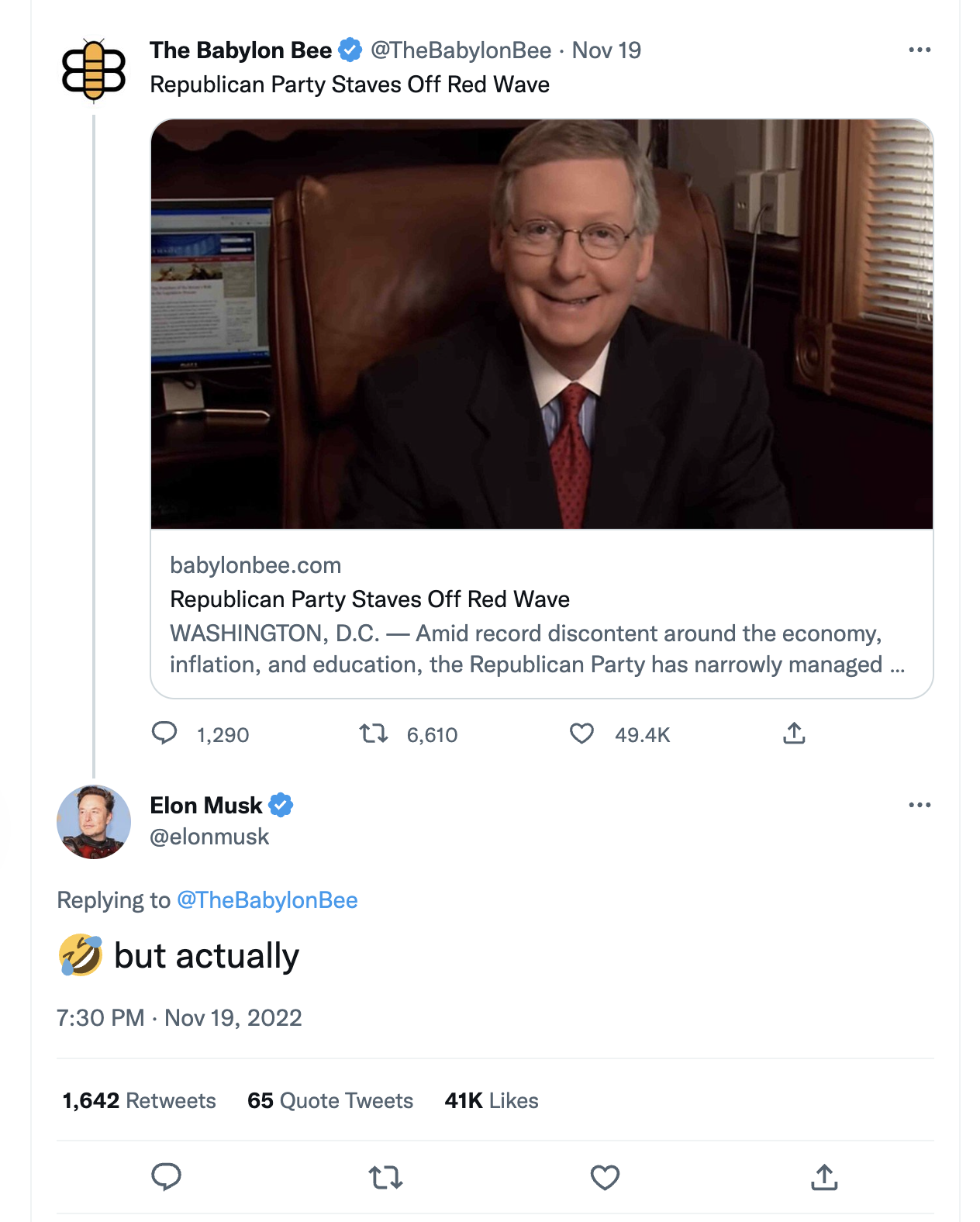 Musk responding to the Babylon Bee on Twitter about the "red wave"