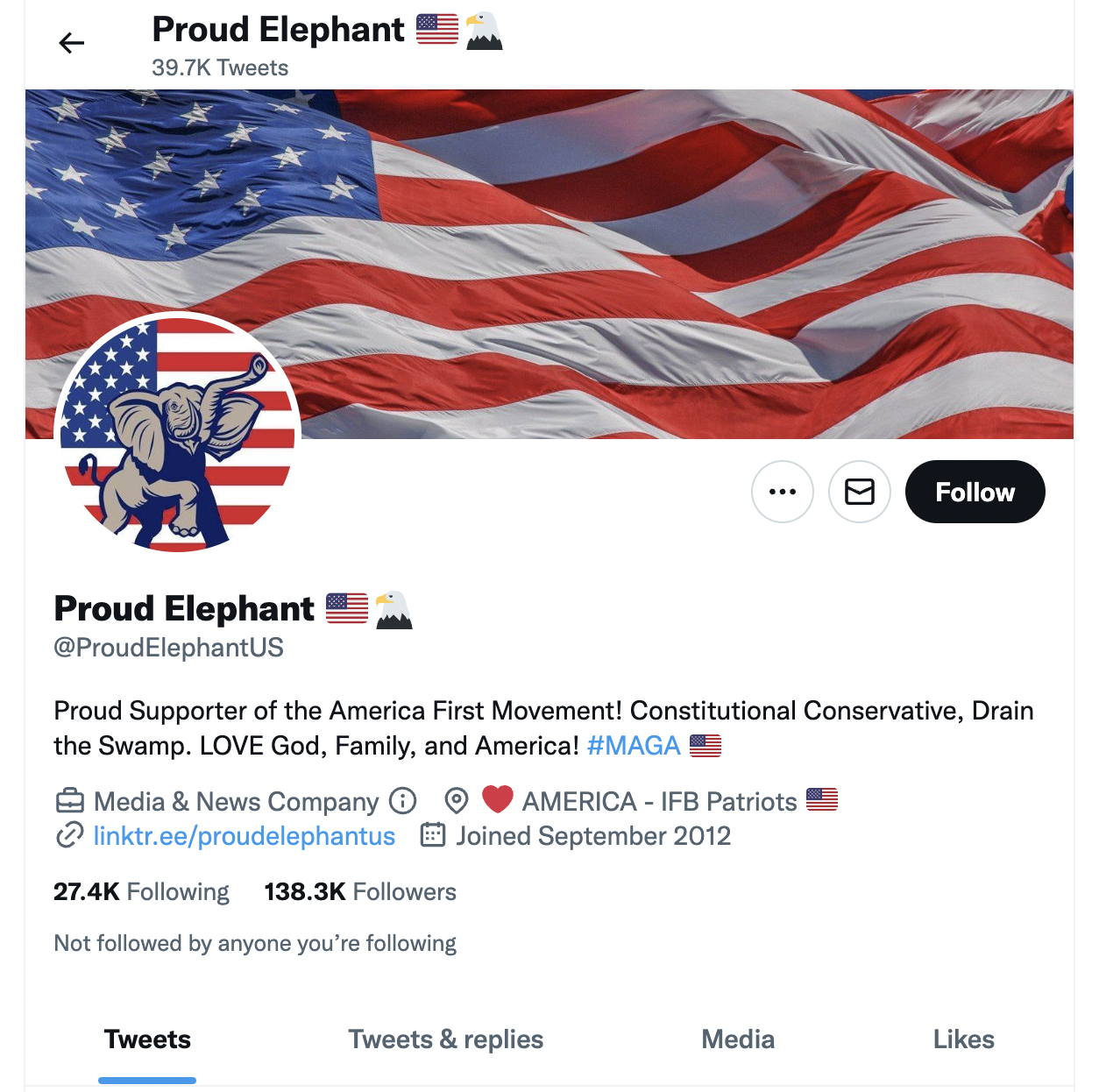 Proud Elephant Twitter profile with #MAGA in description