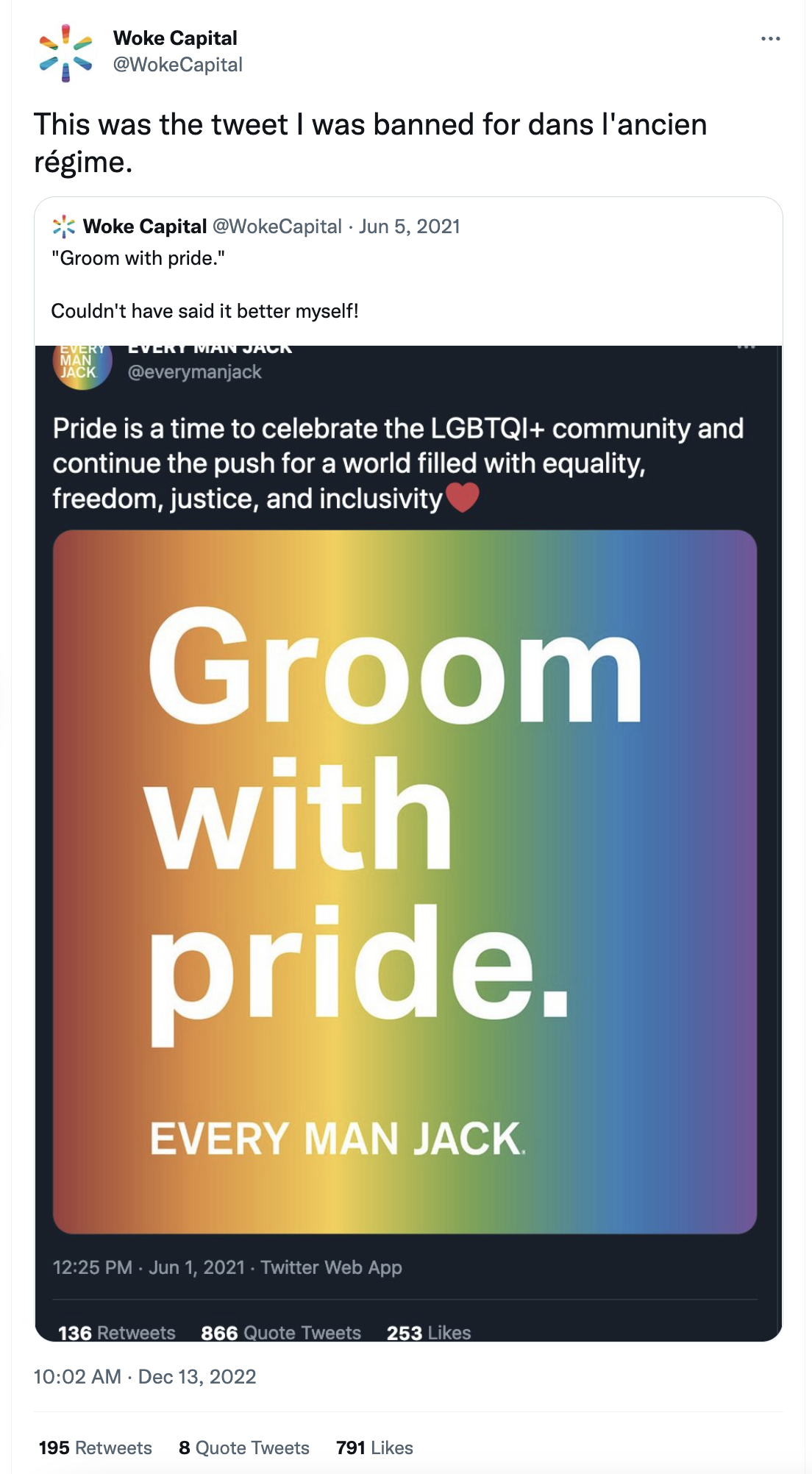 Tweet with "groom with pride" image from Woke Capital