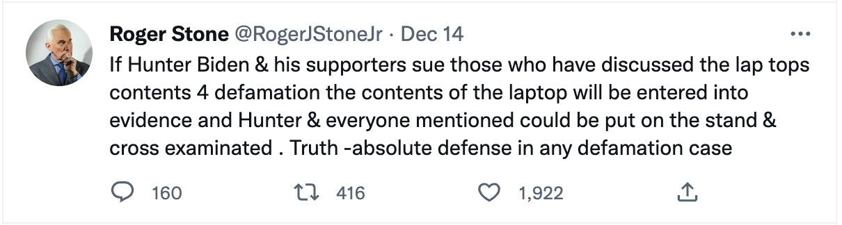 Roger Stone tweeting about Hunter Biden