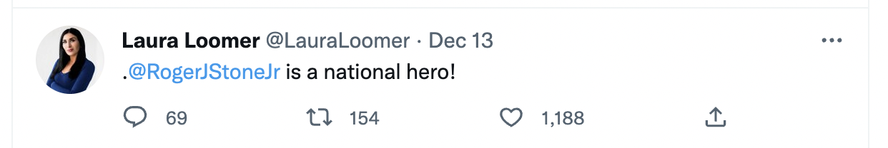Loomer praising Stone on Twitter