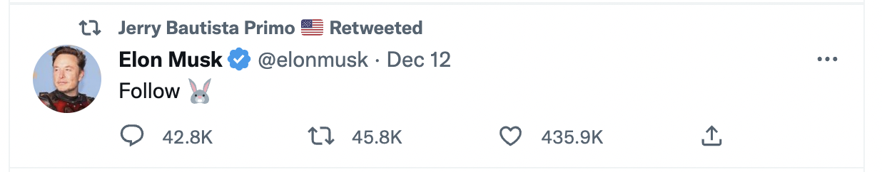 Jerryelprimobau retweeting Musk "follow bunny"