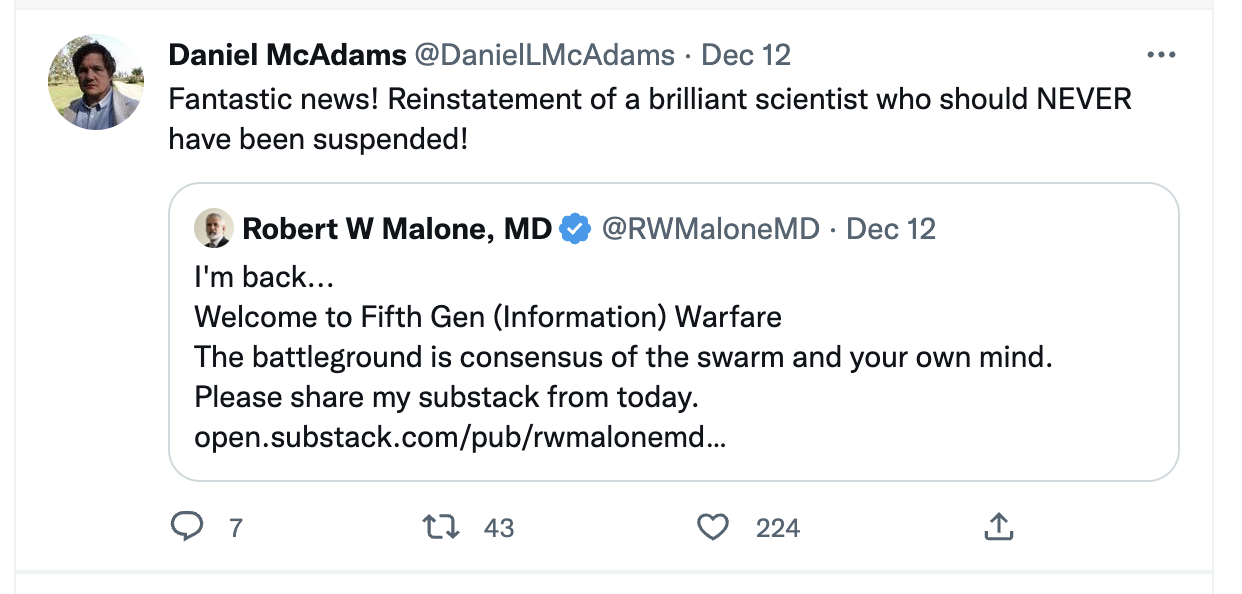 DanielLMcAdams praising anti-vaccine Dr