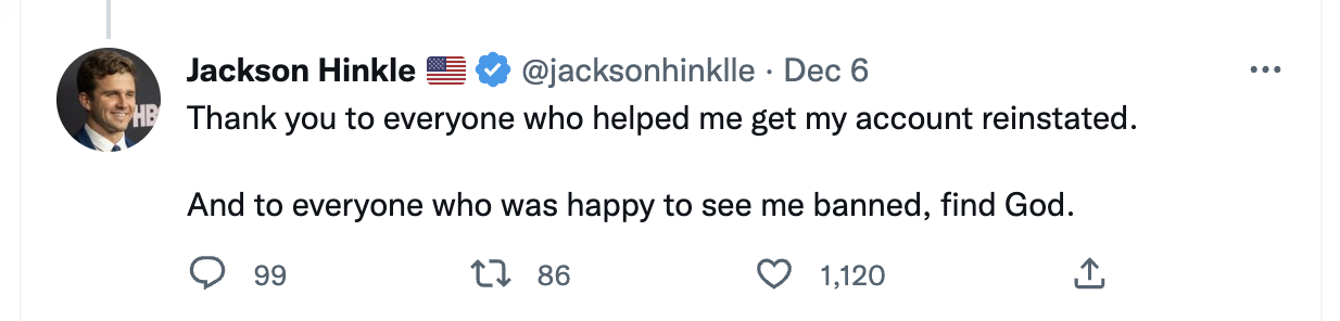 Jacksonhinklle thanking people for getting his account back